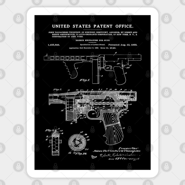 Thompson Submachine Gun Patent White Sticker by Luve